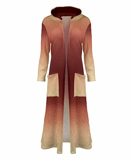 Lily | Red & Beige Ombré Pocket Hooded Open Duster - Women 1 Lily | Red & Beige Ombré Pocket Hooded Open Duster - Women