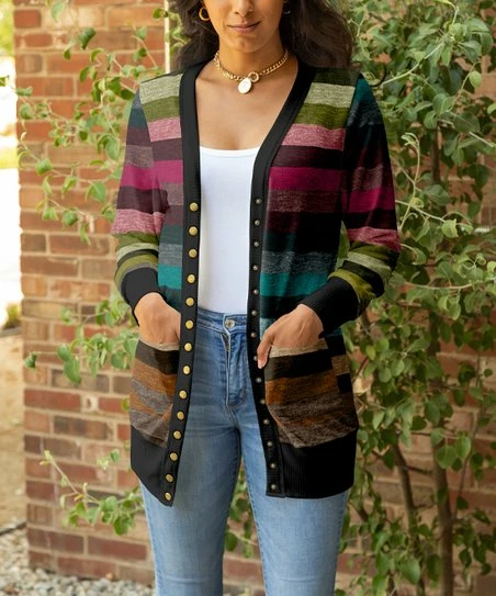 Lily | Brown Stripe Pocket Snap-Up Cardigan - Women & Plus 1 Lily | Brown Stripe Pocket Snap-Up Cardigan - Women & Plus