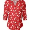 Lily | Red & White Floral Notch Neck Top - Women