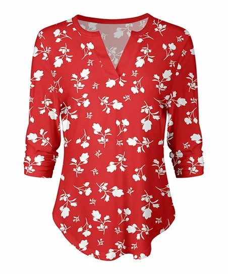 Lily | Red & White Floral Notch Neck Top - Women 1 Lily | Red & White Floral Notch Neck Top - Women