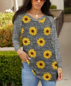 Lily | Gray & Yellow Heather Sunflower Long-Sleeve Raglan Tunic - Women