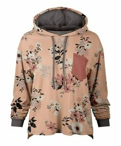 Lily | Beige & Taupe Floral Chest-Pocket Drawstring Hoodie - Plus