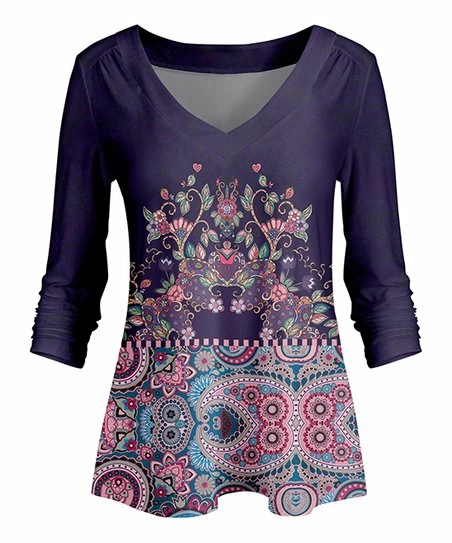 Lily | Purple & Pink Floral Paisley V-Neck Tunic - Plus 1 Lily | Purple & Pink Floral Paisley V-Neck Tunic - Plus