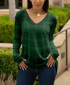 Lily | Black & Green Plaid Long-Sleeve V-Neck Tunic - Plus