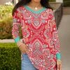 Lily | Turquoise & Red Medallion Long-Sleeve Raglan Tunic - Plus