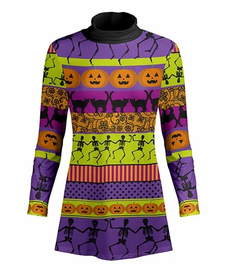 Lily | Orange & Purple Stripe Halloween Icon Mock Neck Tunic - Women 1 Lily | Orange & Purple Stripe Halloween Icon Mock Neck Tunic - Women