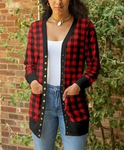 Lily | Black & Red Buffalo Check Pocket Snap-Button Cardigan - Women