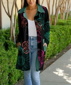 Lily | Black & Turquoise Floral Pocket Button-Up Coat - Women