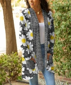 Lily | Gray & Yellow Daisy Pocket Open Cardigan - Plus