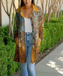 Lily | Blue & Gold Paisley Pocket Button-Up Coat - Women