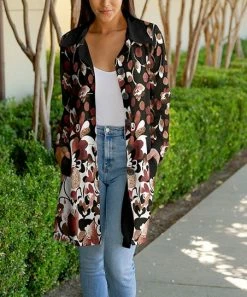 Lily | Black & Red Floral Pocket Button-Up Coat - Plus