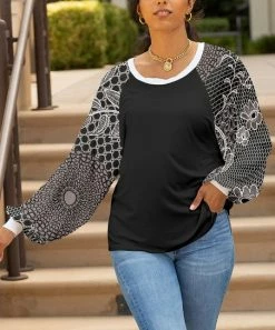 Lily | Black & Gray Floral-Contrast Raglan Tunic - Women