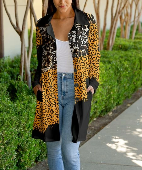 Lily | Black & Yellow Leopard Pocket Button-Up Coat - Plus 1 Lily | Black & Yellow Leopard Pocket Button-Up Coat - Plus