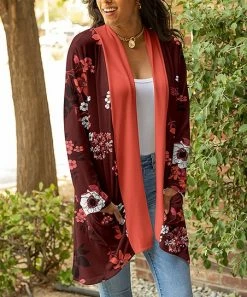 Lily | Red & Coral Floral Pocket Open Cardigan - Women
