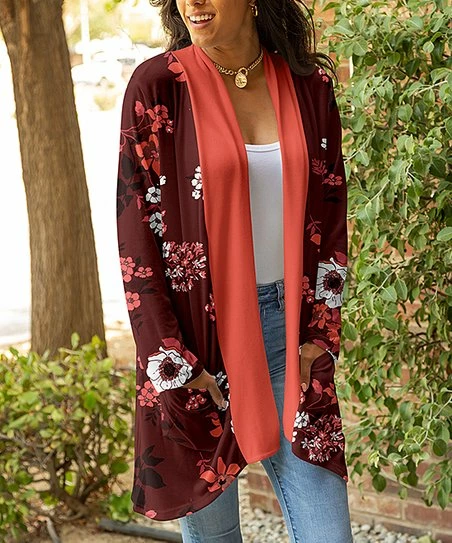 Lily | Red & Coral Floral Pocket Open Cardigan - Women 1 Lily | Red & Coral Floral Pocket Open Cardigan - Women