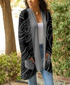 Lily | Black & Gray Abstract Swirl Open Cardigan - Plus