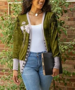 Lily | Olive & Silver Floral Dragonfly Cardigan - Plus