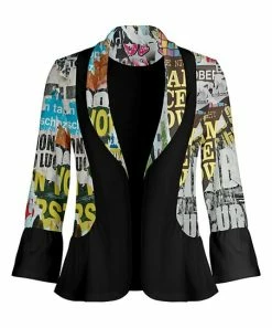 Lily | Black & Yellow Letters Shawl Collar Open Blazer - Plus
