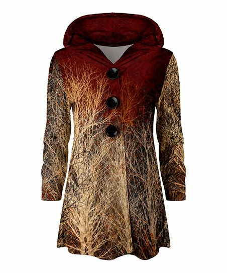 Lily | Red & Cream Abstract Tree Button-Front Velvet Hooded Cardigan - Plus 1 Lily | Red & Cream Abstract Tree Button-Front Velvet Hooded Cardigan - Plus