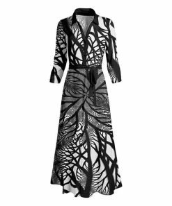 Lily | Black & White Abstract Branch Button-Top Tie-Waist Maxi Dress - Women