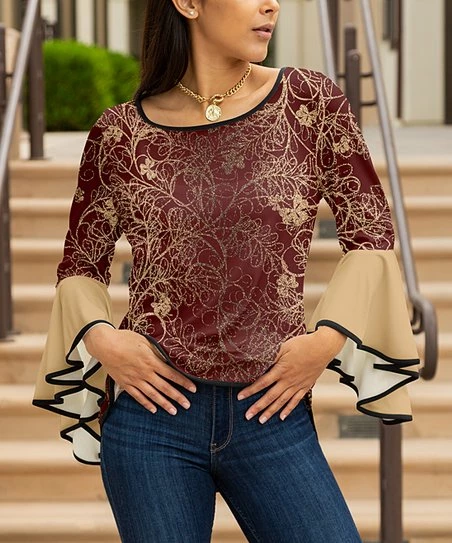 Lily | Red & Gold Vine Bell-Sleeve Scoop Neck Tunic - Women 1 Lily | Red & Gold Vine Bell-Sleeve Scoop Neck Tunic - Women