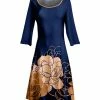 Lily | Navy & Brown Floral Three-Quarter Sleeve A-Line Dress - Women & Plus