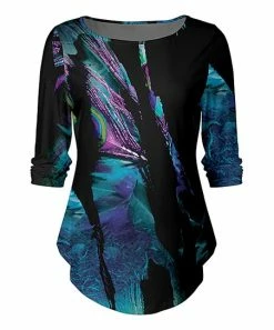 Lily | Black & Blue Abstract Three-Quarter Sleeve Boatneck Top - Women