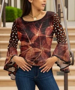 Lily | Rust & Gold Leopard Leaf Bell-Sleeve Tunic - Women