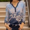 Lily | Navy & Beige Floral Notch Neck Long-Sleeve Tunic - Women