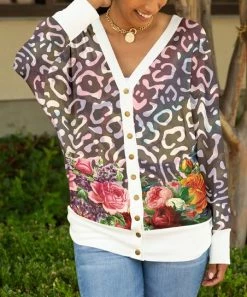 Lily | White & Orange Leopard Long-Sleeve Cardigan - Women