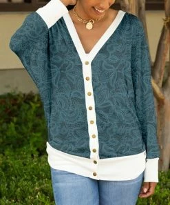 Lily | Teal & White Paisley Long-Sleeve Cardigan - Plus