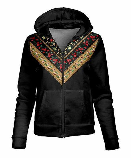 Lily | Black & Beige Floral Color Block Zip-Up Hoodie - Plus 1 Lily | Black & Beige Floral Color Block Zip-Up Hoodie - Plus