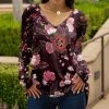 Lily | Mauve & Black Floral Long-Sleeve V-Neck Tunic - Plus