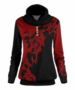 Lily | Black & Red Floral Button-Accent Cowl Neck Tunic - Plus