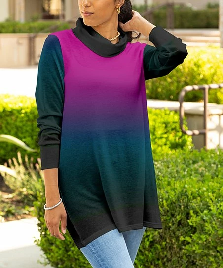 Lily | Teal & Pink Ombré Three-Quarter Sleeve Cowl Neck Tunic - Women 1 Lily | Teal & Pink Ombré Three-Quarter Sleeve Cowl Neck Tunic - Women