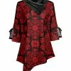 Lily | Black & Red Medallion Tie-Sleeve Button-Accent Cowl Neck Tunic - Plus