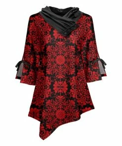 Lily | Black & Red Medallion Tie-Sleeve Button-Accent Cowl Neck Tunic - Plus