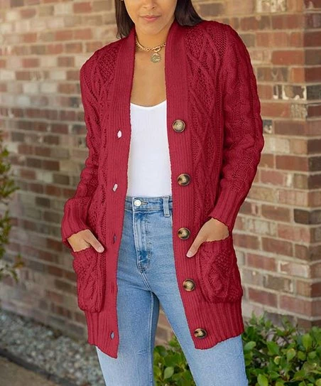 Lily | Red Textured-Knit Pocket Cardigan - Women 1 Lily | Red Textured-Knit Pocket Cardigan - Women
