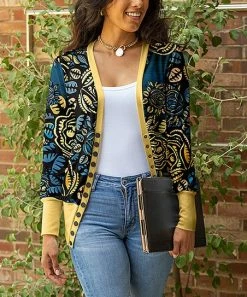 Lily | Navy & Yellow Abstract Floral Button-Up Cardigan - Plus