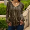 Lily | Black & Gold Geometric Long-Sleeve V-Neck Tunic - Plus