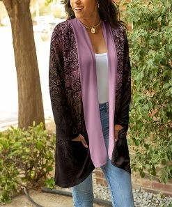 Lily | Brown & Rose Ombré Floral Shawl-Collar Open Cardigan - Plus