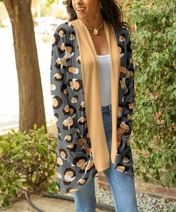 Lily | Gray & Peach Leopard Shawl-Collar Open Cardigan - Women