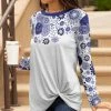 Lily | Blue & White Floral Twist-Front Long-Sleeve Tunic - Women