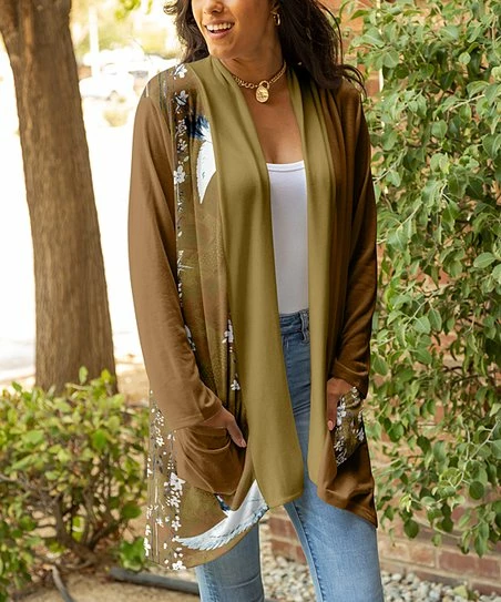 Lily | Brown & White Floral Bird Shawl-Collar Open Cardigan - Women 1 Lily | Brown & White Floral Bird Shawl-Collar Open Cardigan - Women
