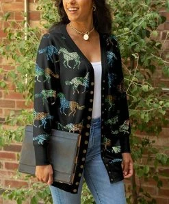 Lily | Black & Green Horse Cardigan - Women & Plus