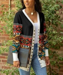 Lily | Black & Red Geometric Color Block Cardigan - Women