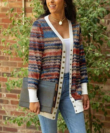 Lily | Orange & Blue Knit-Pattern Pocket Button-Up Cardigan - Women & Plus 1 Lily | Orange & Blue Knit-Pattern Pocket Button-Up Cardigan - Women & Plus