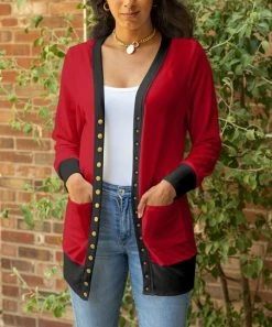 Lily | Red & Black Pocket Button-Up Cardigan - Women & Plus