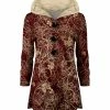 Lily | Red & Cream Abstract Leaf Hooded Velvet Button-Up Jacket - Plus