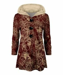 Lily | Red & Cream Abstract Leaf Hooded Velvet Button-Up Jacket - Plus